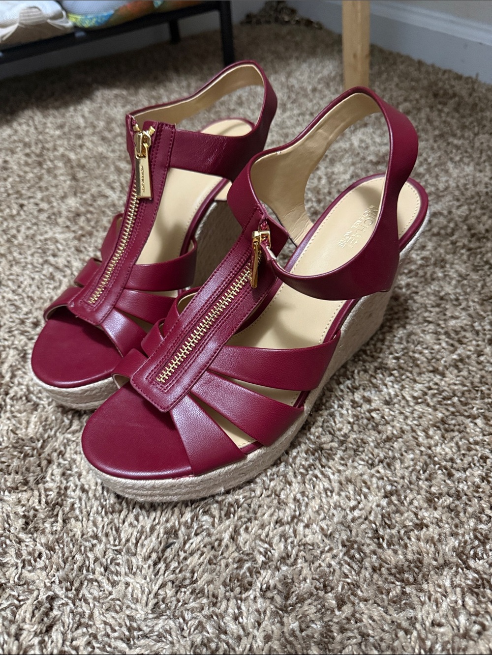 MICHAEL Michael Kors Burgundy Leather Wedge Sandals with Gold Zip